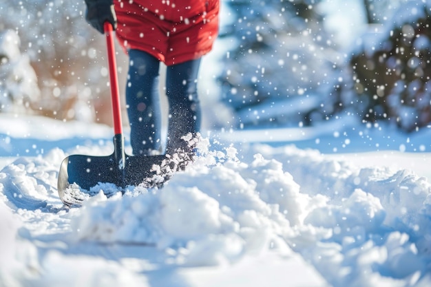 Une personne en gros plan utilisant une pelle à neige pour éliminer la neige d'un chemin après une tempête hivernale