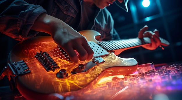 Photo personne avec guitare personne jouant de la guitare arrière-plan scène de jeu de guitare