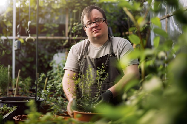 Personne handicapée intellectuelle s'occupant des plantes dans un jardin