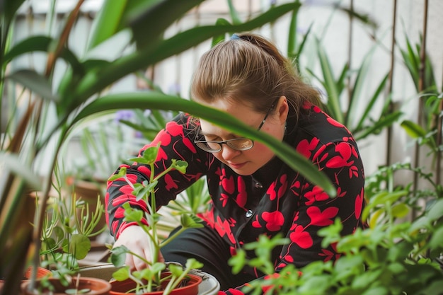 Personne handicapée intellectuelle s'occupant des plantes dans un jardin