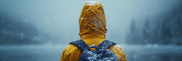 Personne homme debout à l'arrière vue veste jaune sac à dos chute de neige hiver