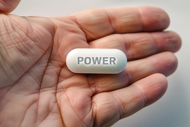 La personne de l'IA générative tient dans la main une pilule blanche avec le mot Power nutrition et soins de santé