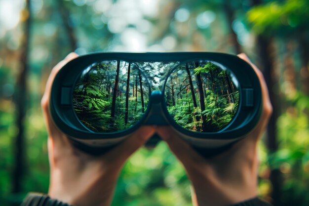 Une personne immergée dans la réalité virtuelle le casque VR affichant une forêt verte vibrante reliant tec