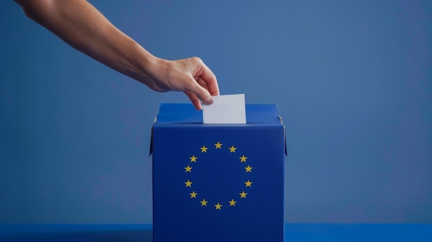 Photo une personne inscrivant un vote dans une urne drapeau de l'union européenne en arrière-plan élections européennes