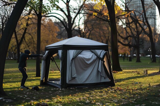 Photo une personne installant un gazebo portable dans un parc