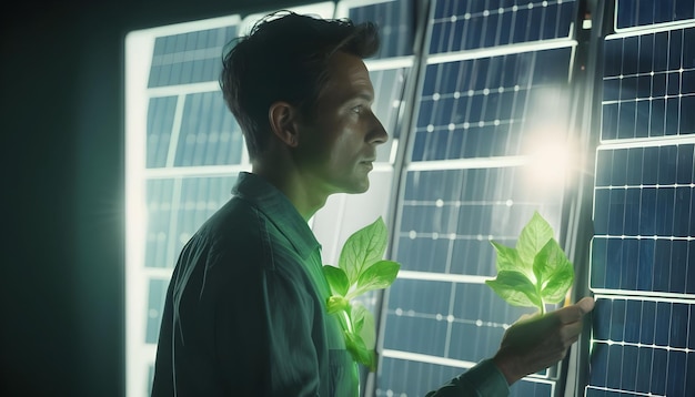 une personne interagissant avec des panneaux solaires dans un cadre innovant
