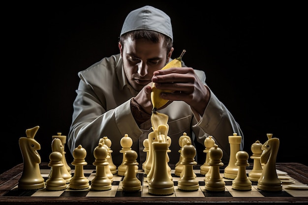 Une personne jouant aux échecs avec des pièces de banane