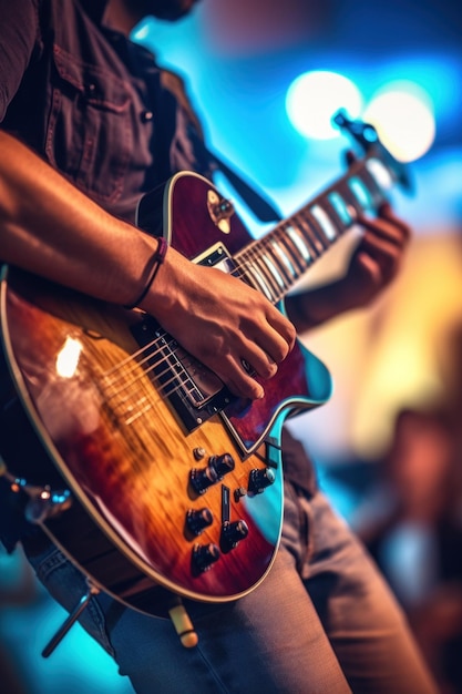 Une personne jouant de la guitare électrique dans un groupe.