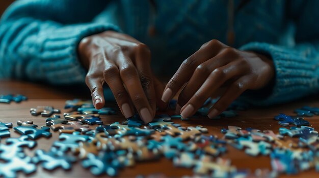 une personne joue à un puzzle avec les mains de ses mains