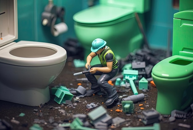 Photo une personne de jouet dans des gants verts nettoyant la toilette dans le style de l'indigo et du noir