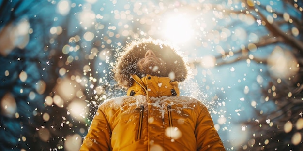 Une personne joyeuse d'hiver apprécie la chute de neige dans une forêt ensoleillée