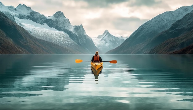 Une personne en kayak se trouve sur un lac avec des montagnes en arrière-plan.