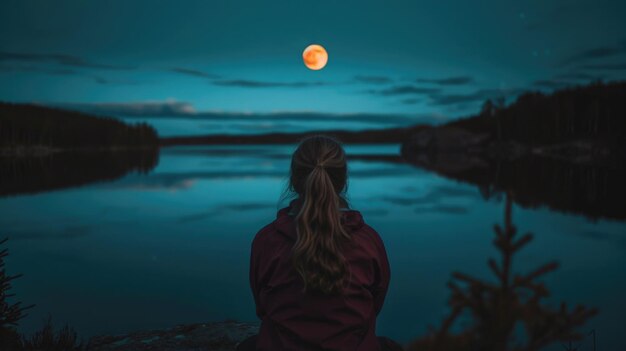 personne avec leur dos regardant le reflet de la lune sur un lac calme à minuit générative ai