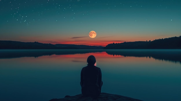 personne avec leur dos regardant le reflet de la lune sur un lac calme à minuit générative ai