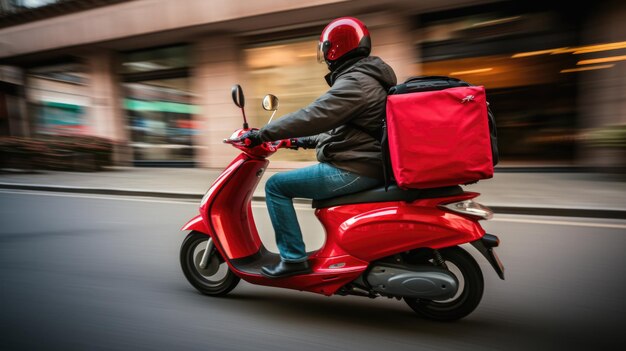 Personne de livraison en uniforme rouge et casque sur un scooter rouge et portant un sac à dos de livraison isolé capturé en mouvement dans une rue de la ville