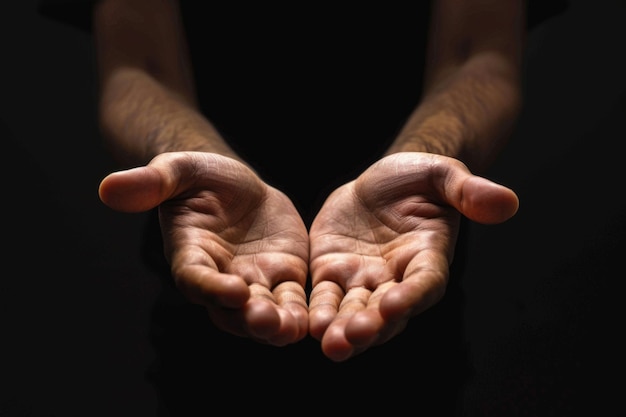 Photo personne mains et prier avec foi pour la religion dieu ou la soumission sur un fond de studio sombre