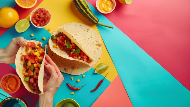 une personne mange un repas sur une table avec un drap de table coloré