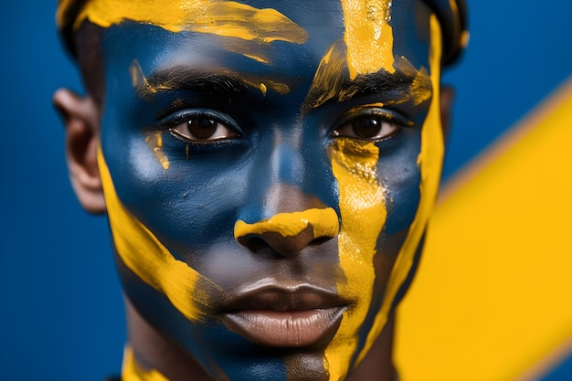 Une personne avec un maquillage bleu et jaune qui dit suède dessus.