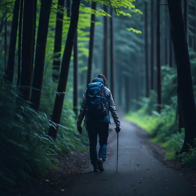 Une personne marchant sur un chemin avec un bâton à la main.