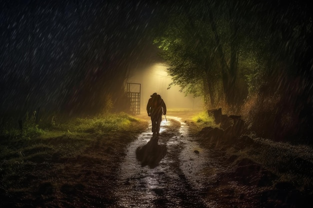 Une personne marchant dans un chemin dans l'obscurité avec une lumière sur le côté gauche