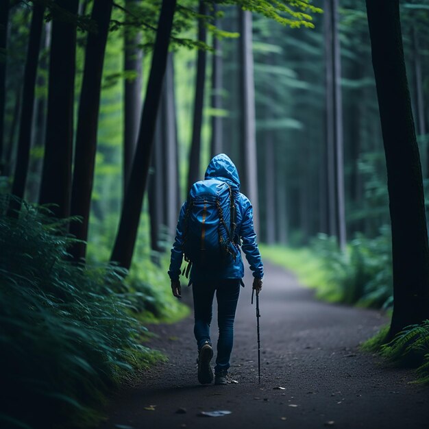 Une personne marchant dans un chemin avec une veste bleue.