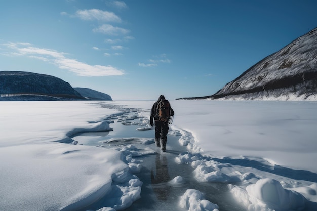Personne marchant dans un fjord gelé avec des raquettes et un sac à dos visible