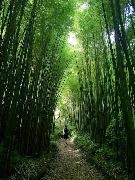 Une personne marchant dans une forêt de bambous avec un sac à dos bleu.