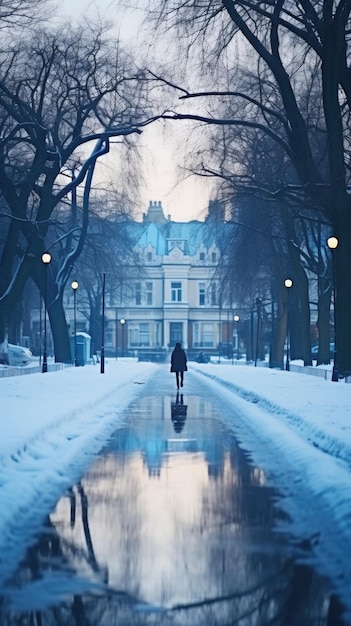 Une personne marchant dans une rue enneigée devant un grand bâtiment ai