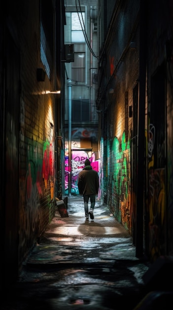 Une personne marchant dans une ruelle sombre avec des graffitis sur les murs image générative ai