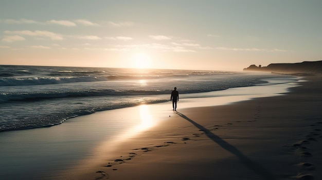 Une personne marchant sur la plage au coucher du soleil