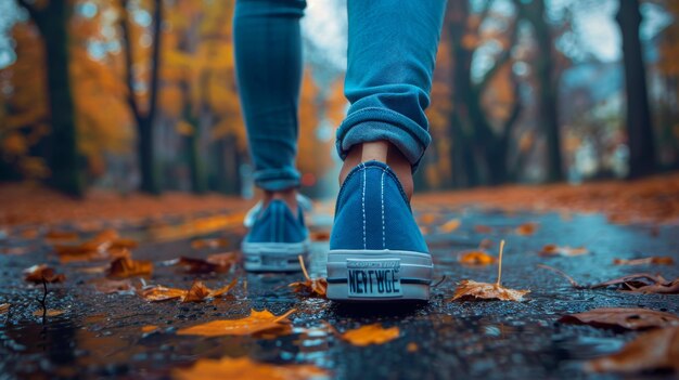 Photo personne marchant sur une route mouillée en chaussures bleues ai générative