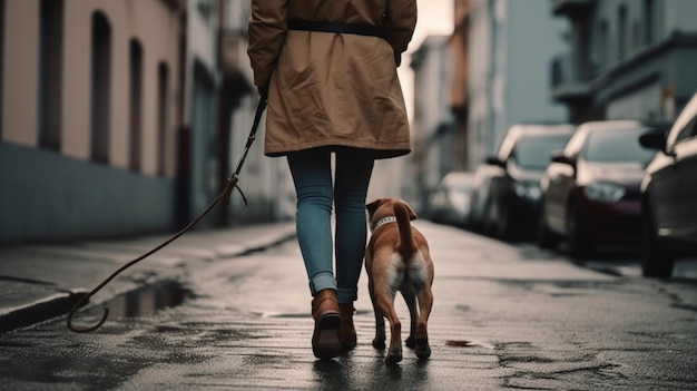 Personne marchant avec son chien dans la rue de la ville