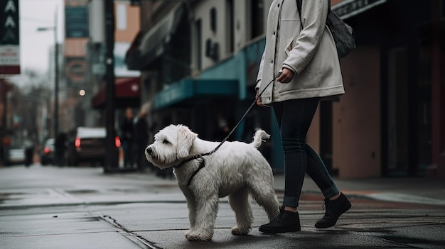 Personne marchant avec son chien dans la rue de la ville