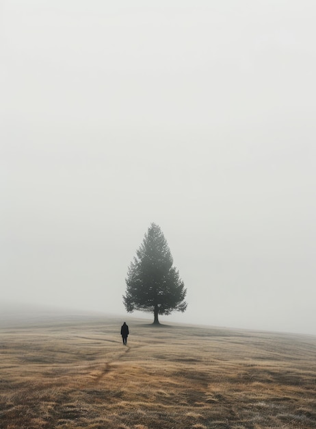 Photo une personne marchant vers un arbre au milieu d'un champ brumeux