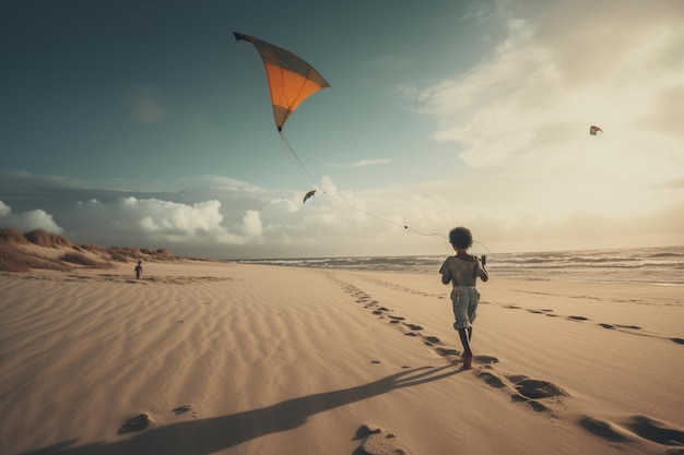 Une personne marche sur la plage avec un cerf-volant dans le ciel.