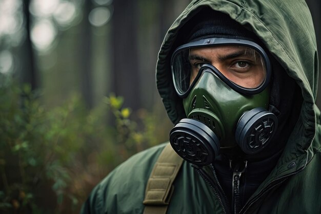 Personne avec un masque à gaz dans un bois mystérieux