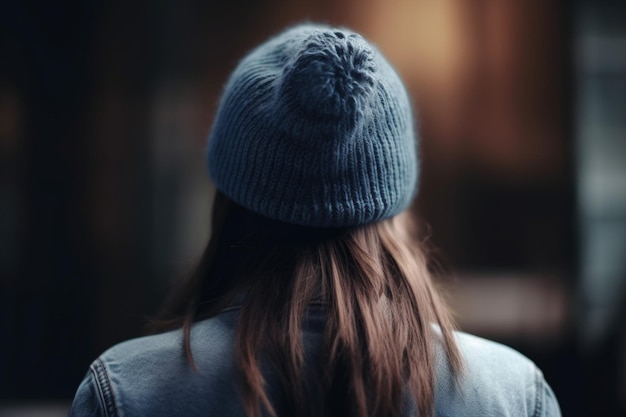 Personne méconnaissable aux cheveux longs portant un bonnet de designer en denim Photo artistique