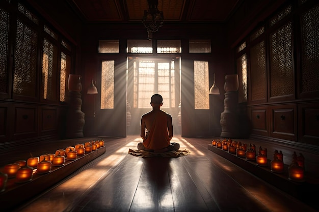 Personne méditant dans un temple entouré d'une atmosphère paisible et harmonieuse créée avec une IA générative