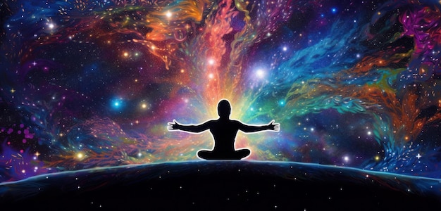 Une personne méditant devant une galaxie et l'univers.