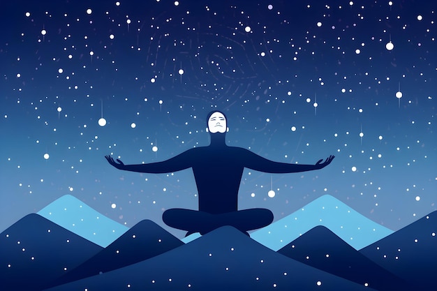 Une personne méditant devant les montagnes et la nuit étoilée