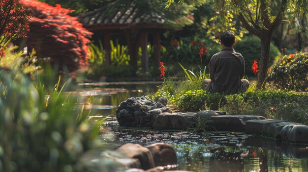 Photo une personne méditant paisiblement près d'un étang dans un jardin serré et luxuriant avec des fleurs et des feuillages vibrants