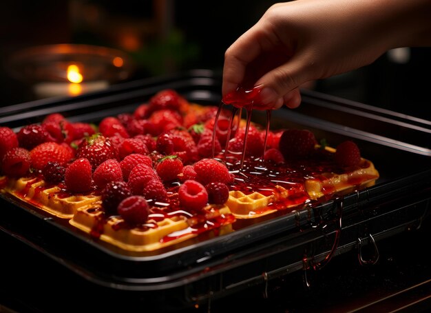 Une personne met des framboises sur une gaufre.