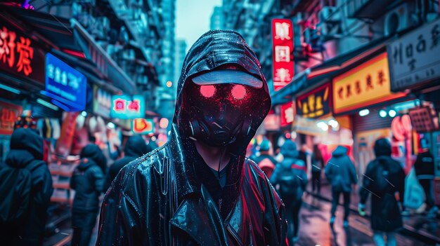 Photo une personne mystérieuse dans un imperméable sombre et un masque à gaz se tient dans une rue bondée