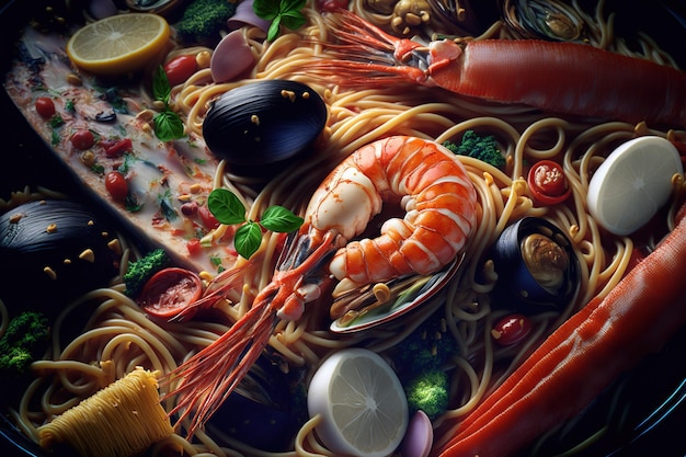 Personne n'est visible dans ce gros plan d'un spaghetti aux fruits de mer italien