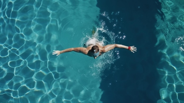 Une personne nageant dans une piscine avec un bonnet de bain et un bonnet de bain.