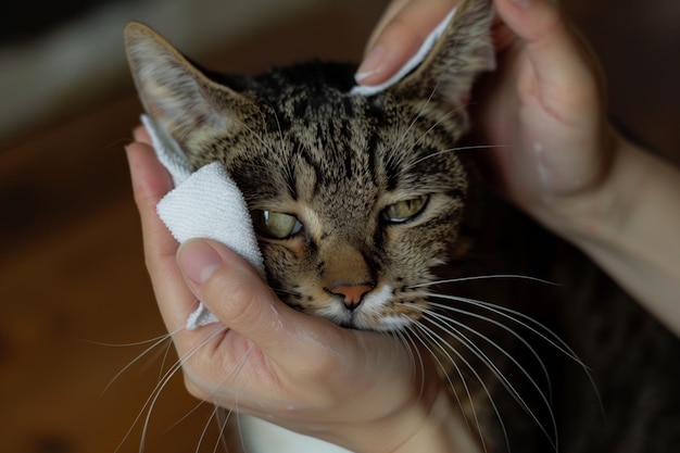 Une personne nettoie doucement les yeux d'un chat avec un chiffon doux