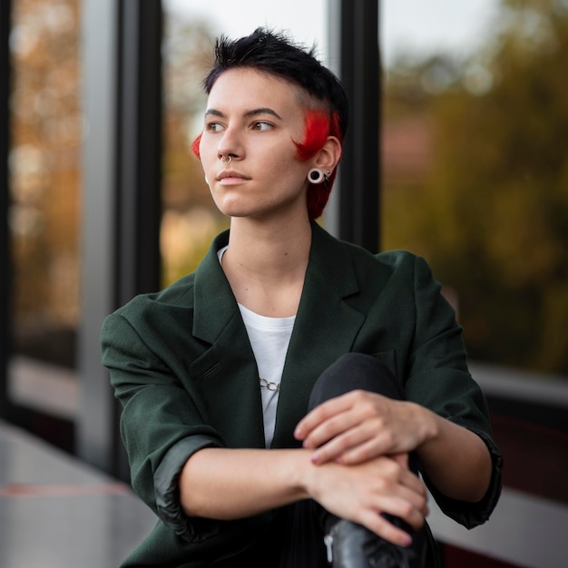 Photo personne non binaire avec une coiffure moderne à l'extérieur