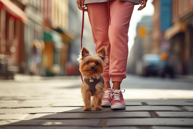 Personne non reconnaissable promenant le chien à l'extérieur de la ville AI générative