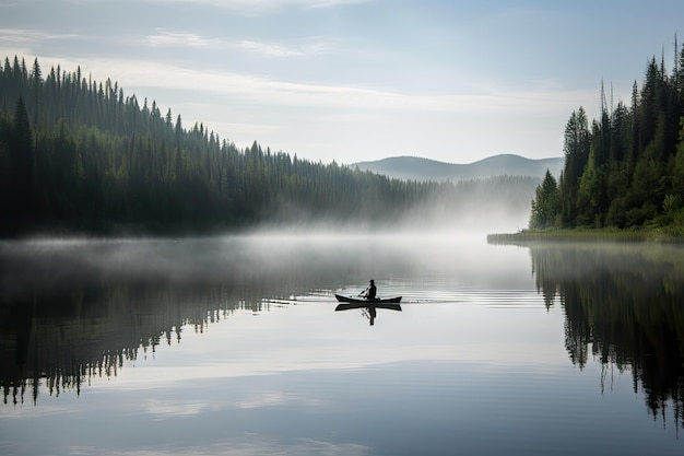 Personne pagayant son canoë à travers un paysage lacustre serein créé avec une IA générative