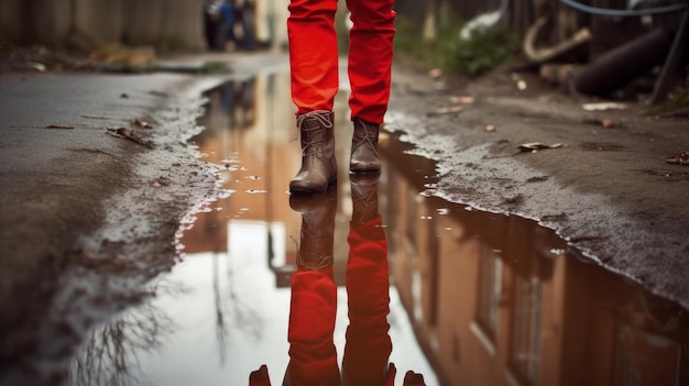 Une personne en pantalon rouge et bottes marchant dans une flaque d'eau